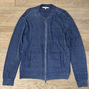 John Varvatos Navy Blue Zip-Up Bomber Jacket Style Sweater Intentional Fading